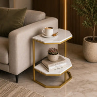Luxury Two Tier Side Table with White Marble Top and Gold Frame