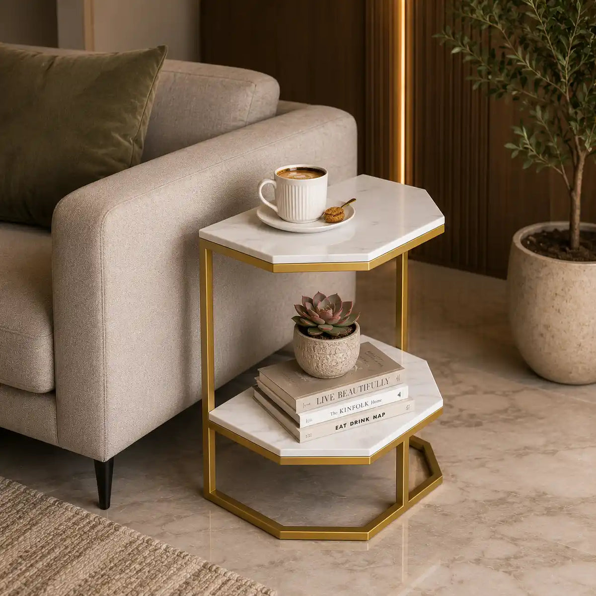 Luxury Two Tier Side Table with White Marble Top and Gold Frame