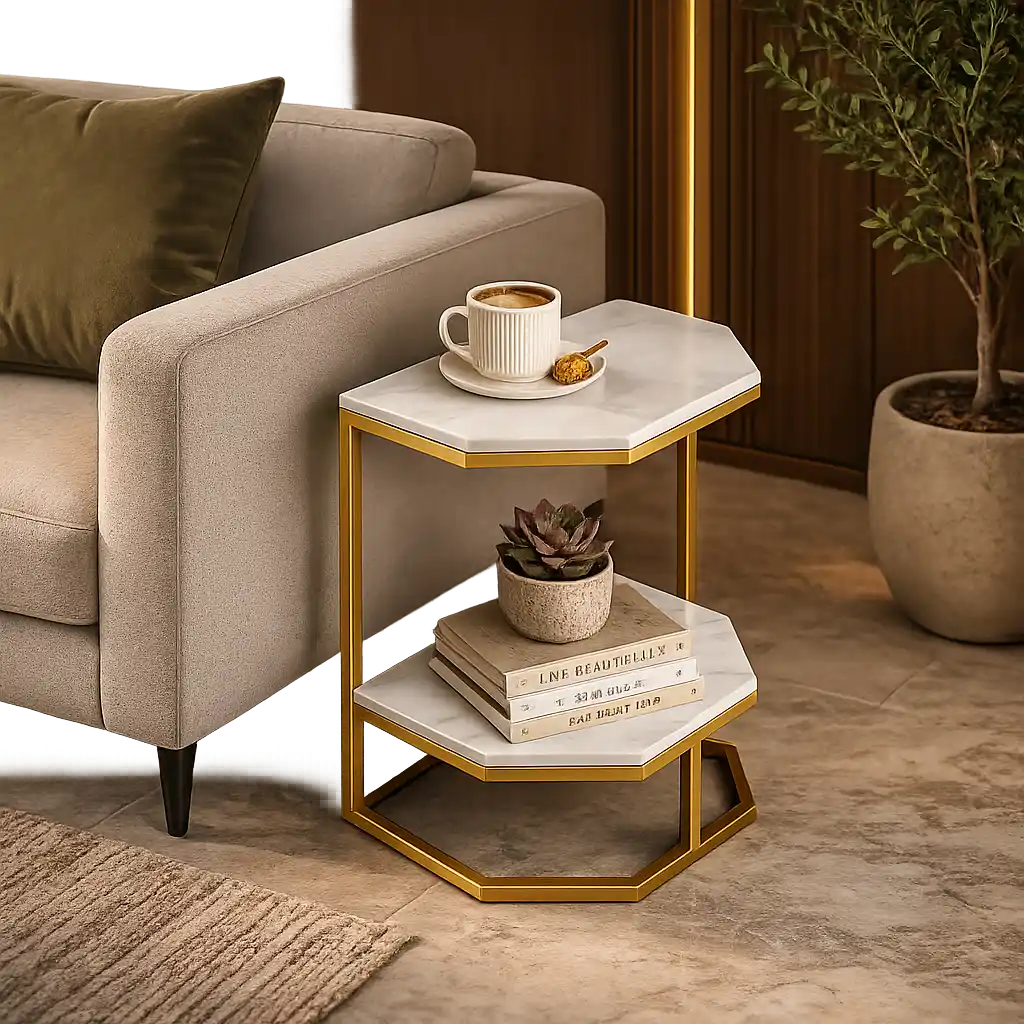 Luxury Two Tier Side Table with White Marble Top and Gold Frame