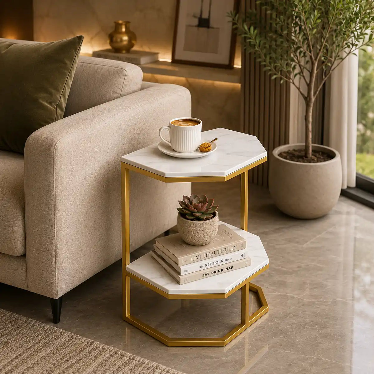 Luxury Two Tier Side Table with White Marble Top and Gold Frame