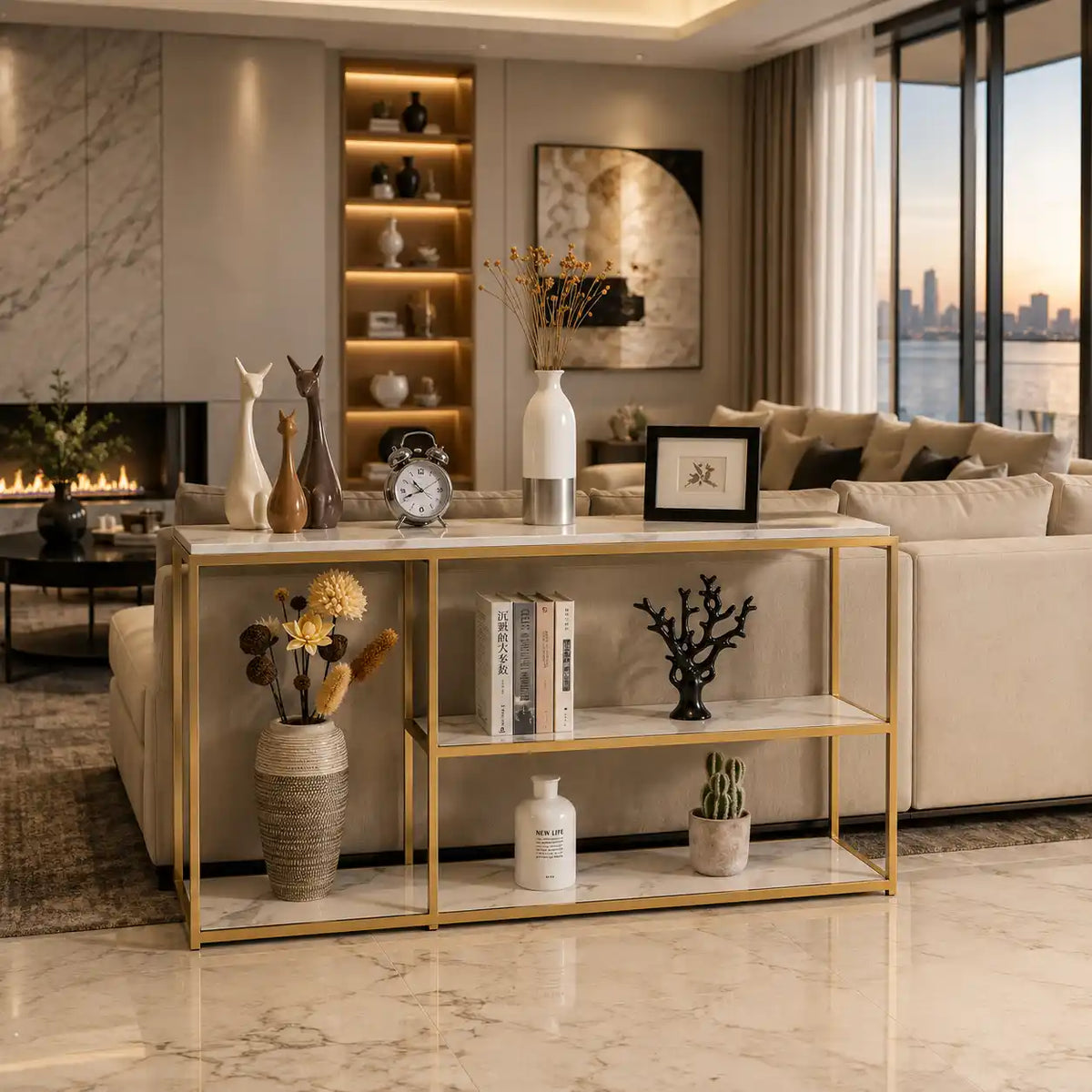 Luxury White Faux Marble Golden Finish Console Table