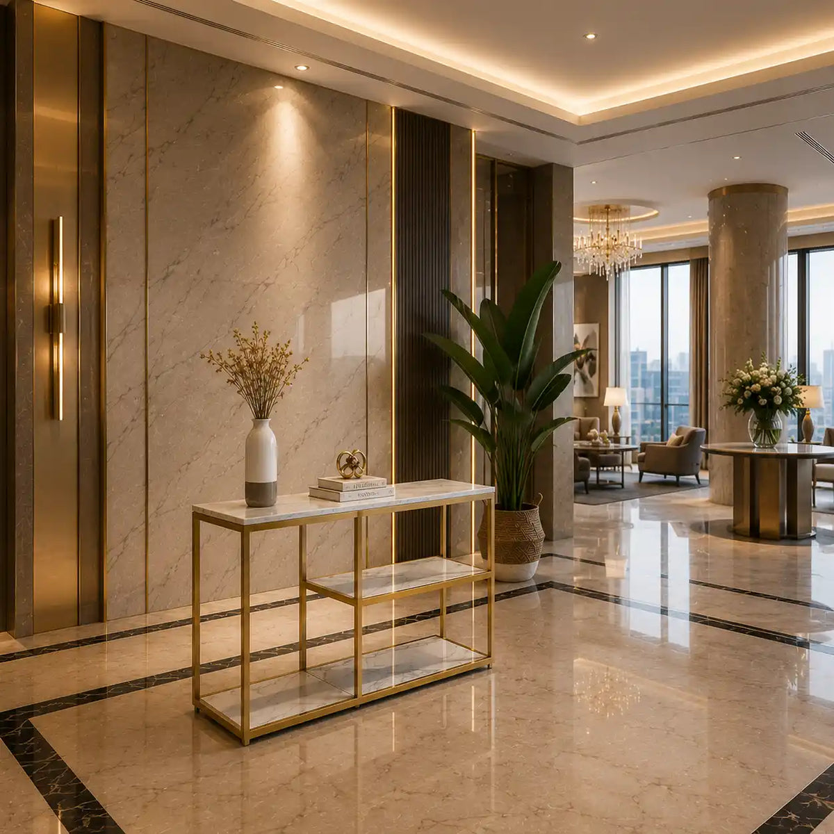 Luxury White Faux Marble Golden Finish Console Table