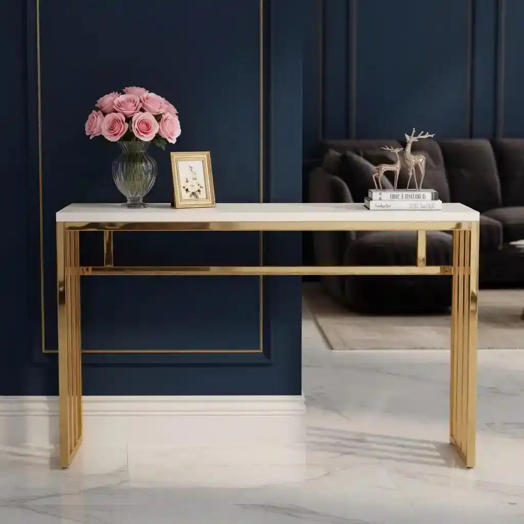 Luxury White Marble Console Table with Golden Frame