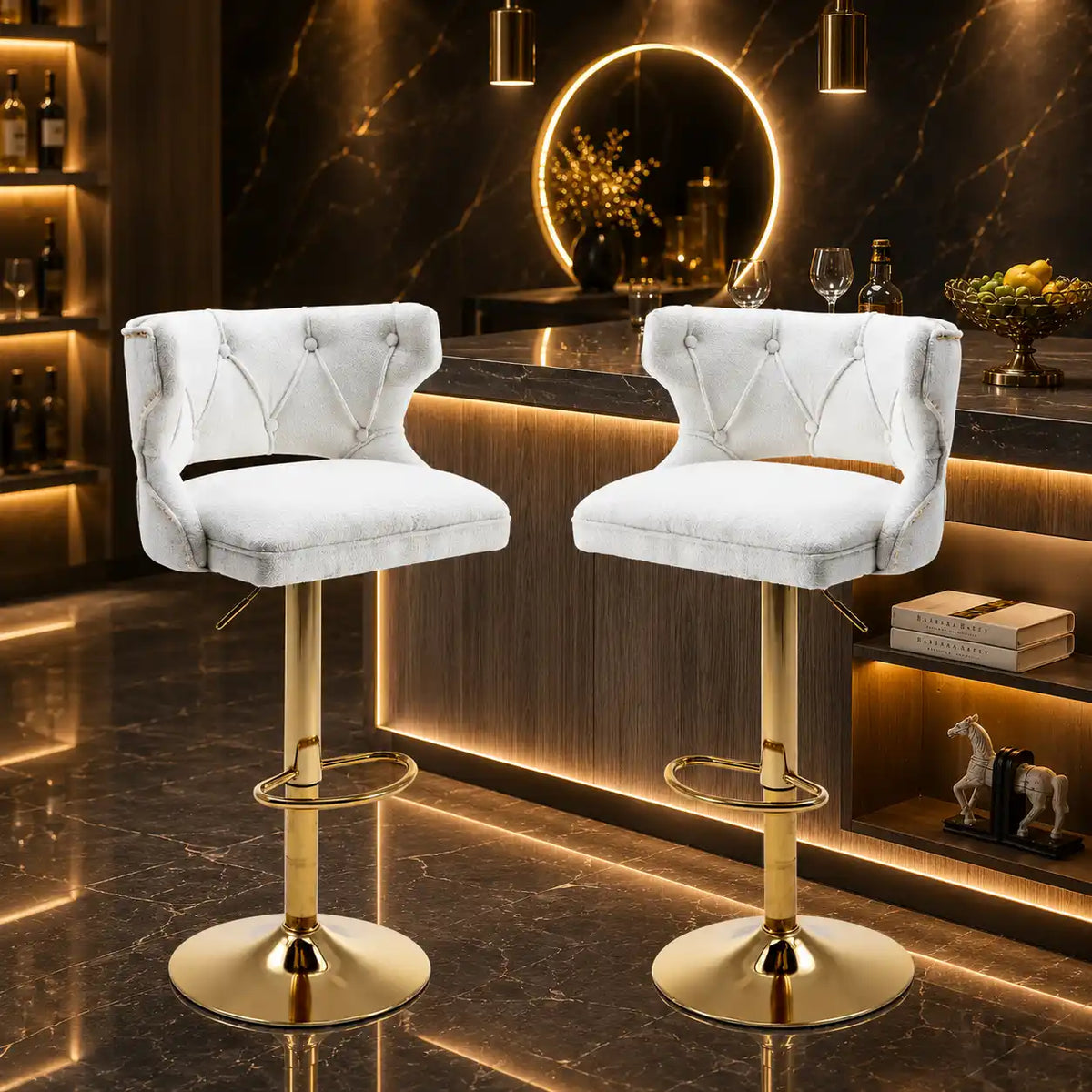 Luxury White Velvet Bar Lounge Chair with Gold Base