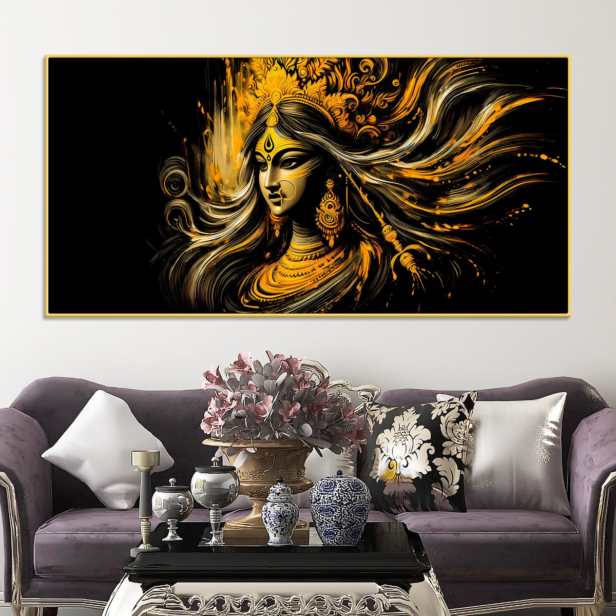 Maa Durga Golden Wall Painting for Home Decor