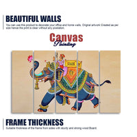 Madhubani Art Elephant Premium Canvas Wall Painting Set of Five
