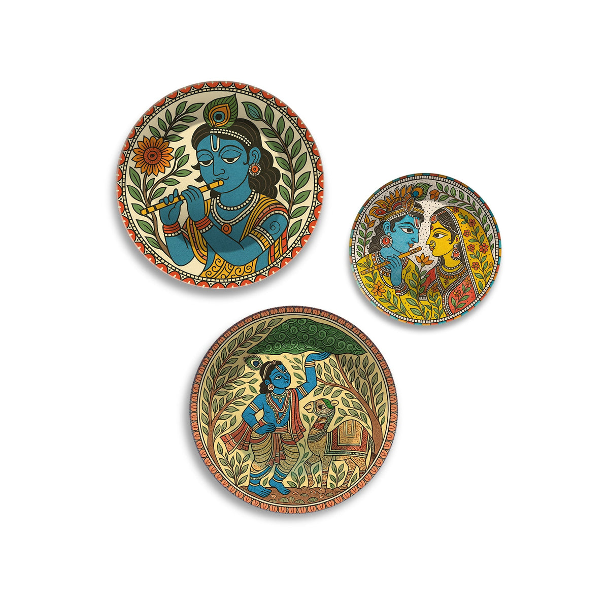 Madhubani Art Krishna Charitra Premium Wall Plates Painting Set of 3