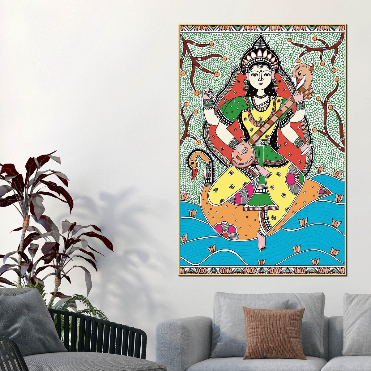 Madhubani Hindu Goddess Saraswati Wall Painting