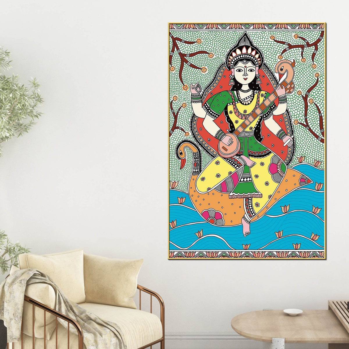 Madhubani Hindu Goddess Saraswati Wall Painting