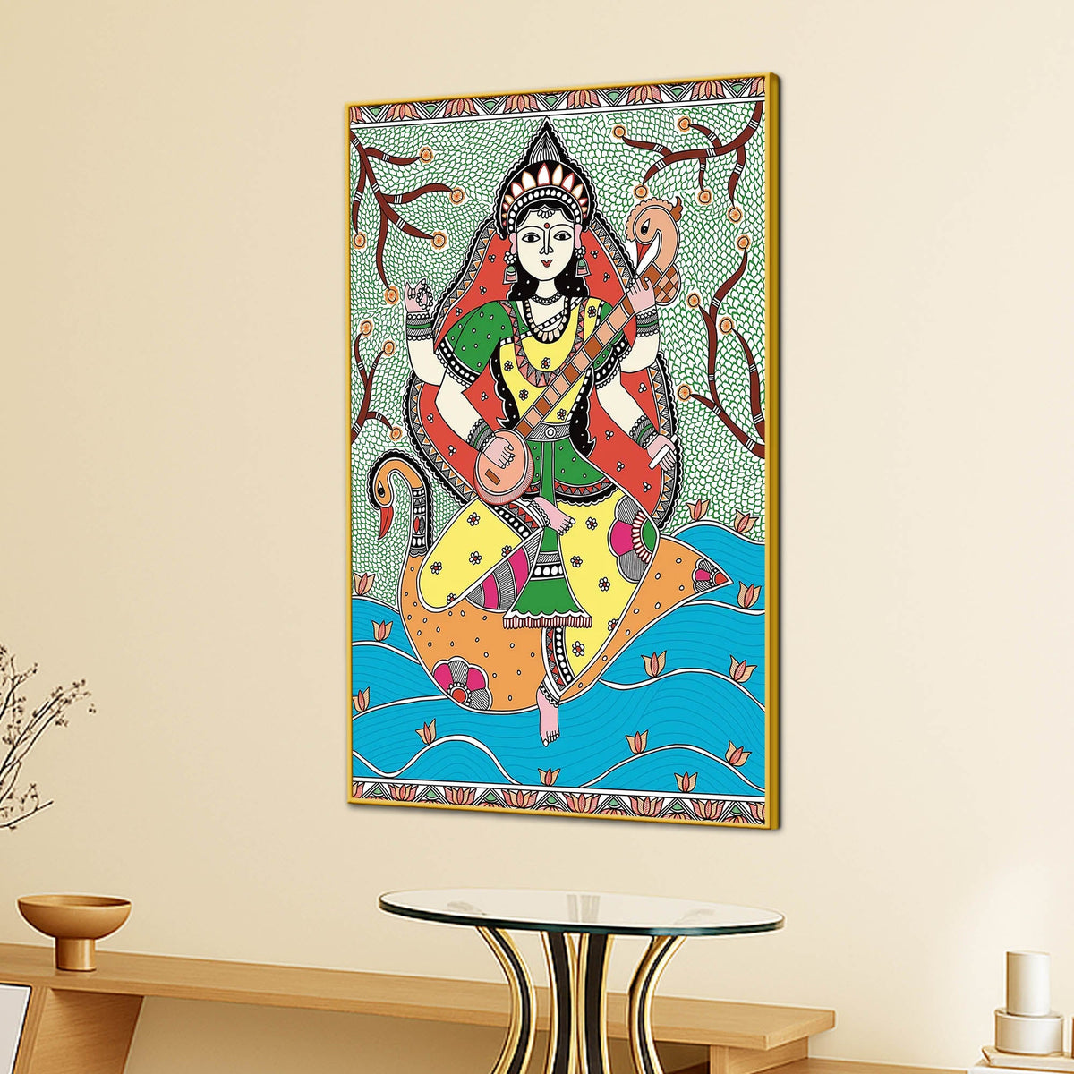Madhubani Hindu Goddess Saraswati Wall Painting