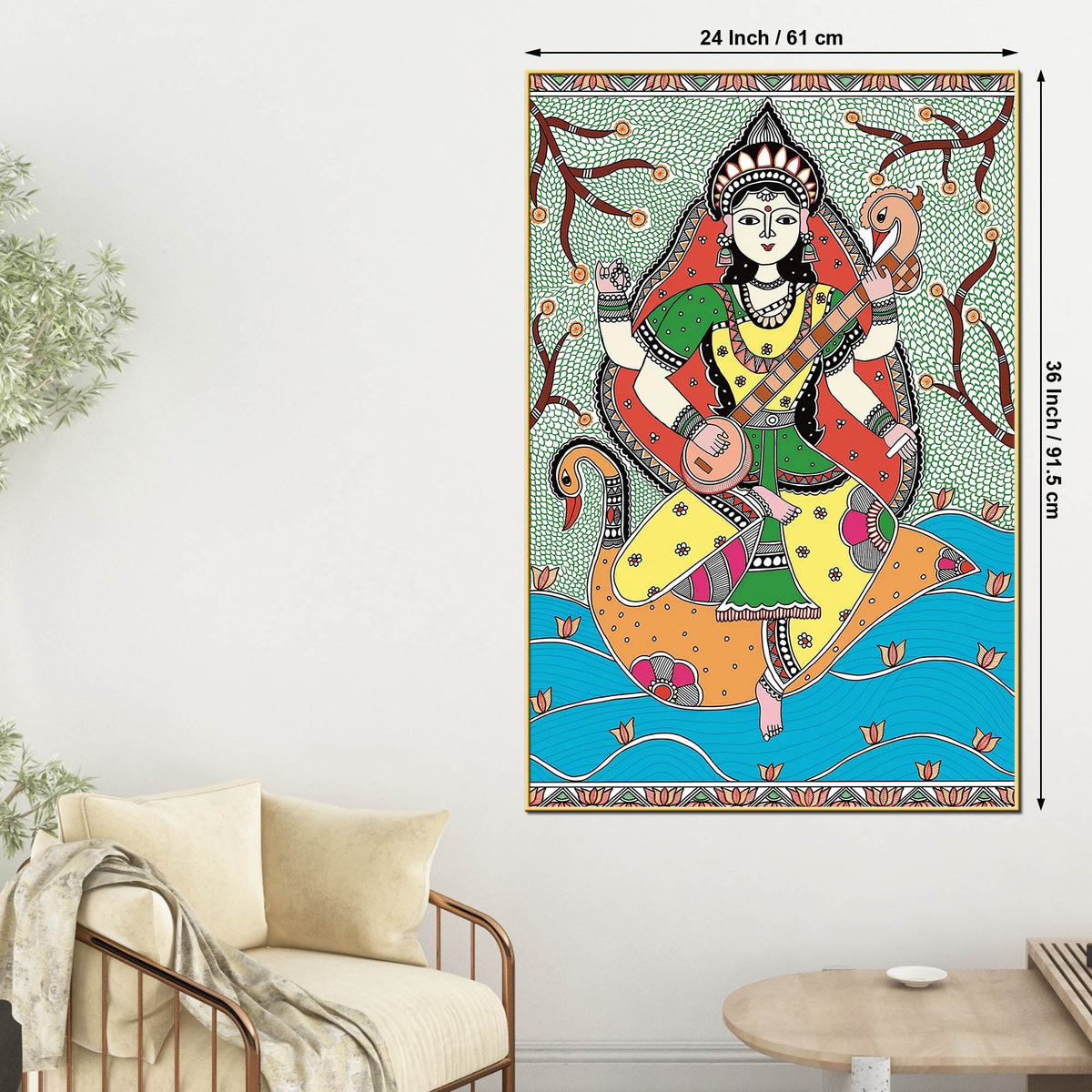 Madhubani Hindu Goddess Saraswati Wall Painting