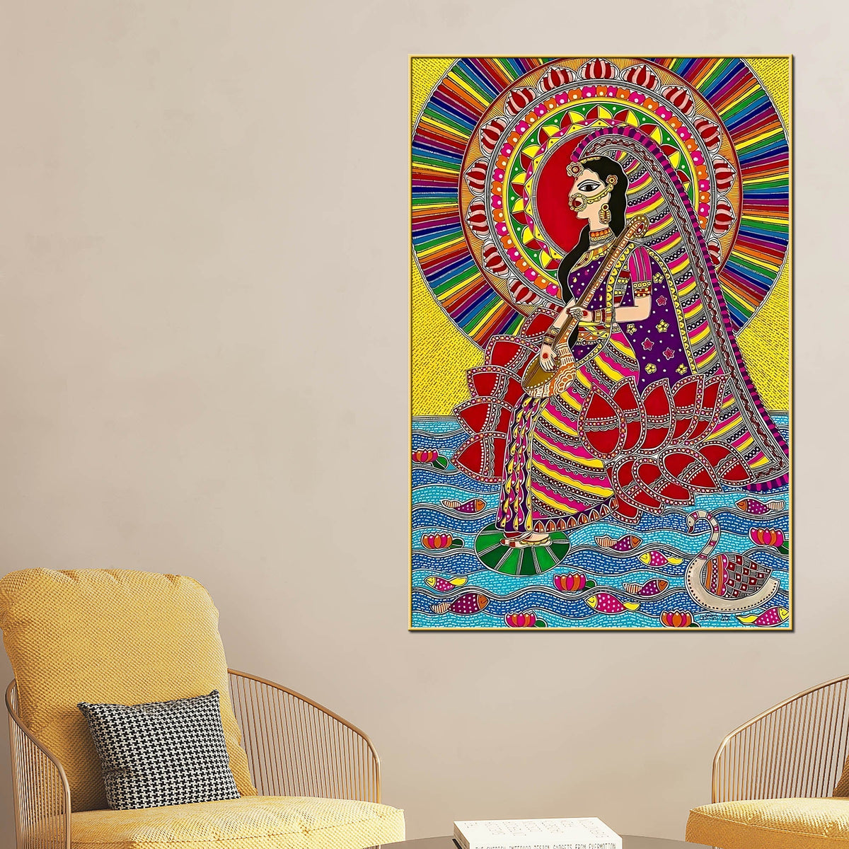 Madhubani Indian Decor Saraswati Ji Canvas Wall Painting