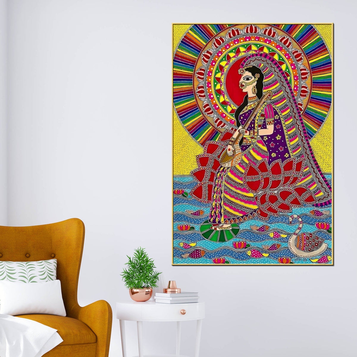 Madhubani Indian Decor Saraswati Ji Canvas Wall Painting
