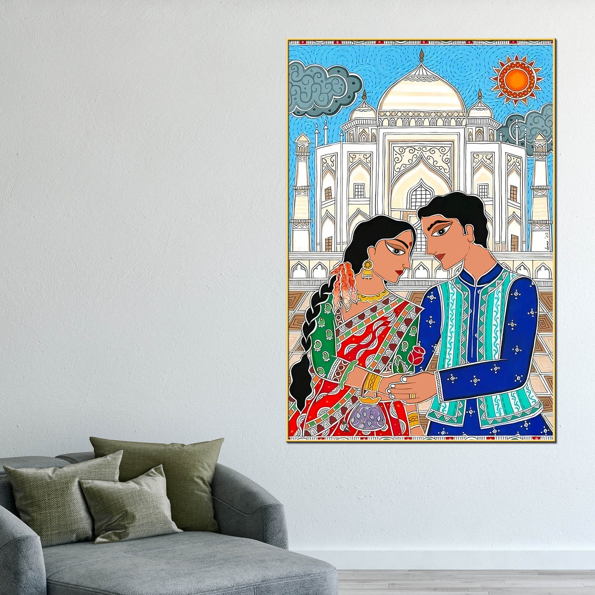Madhubani Inspired Romantic Taj Mahal Canvas Painting
