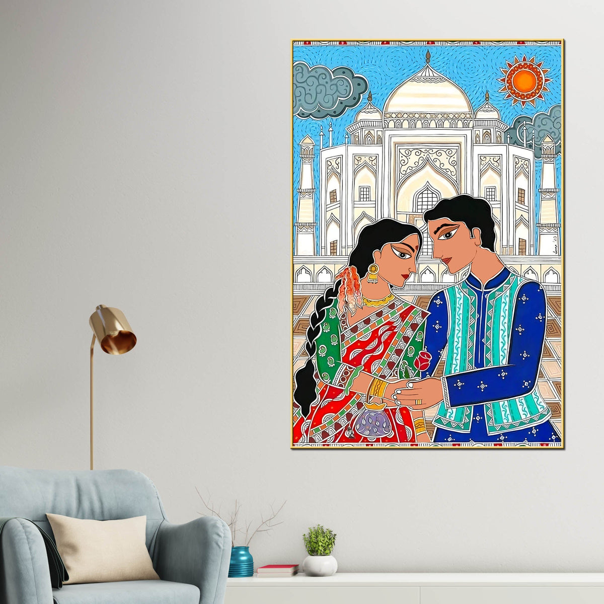 Madhubani Inspired Romantic Taj Mahal Canvas Painting