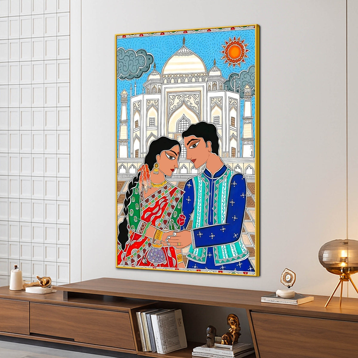 Madhubani Inspired Romantic Taj Mahal Canvas Painting