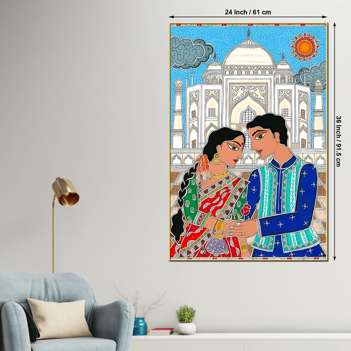 Madhubani Inspired Romantic Taj Mahal Canvas Painting