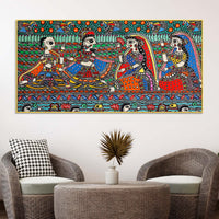 Madhubani Krishna and Gopis Canvas Wall Religious Painting