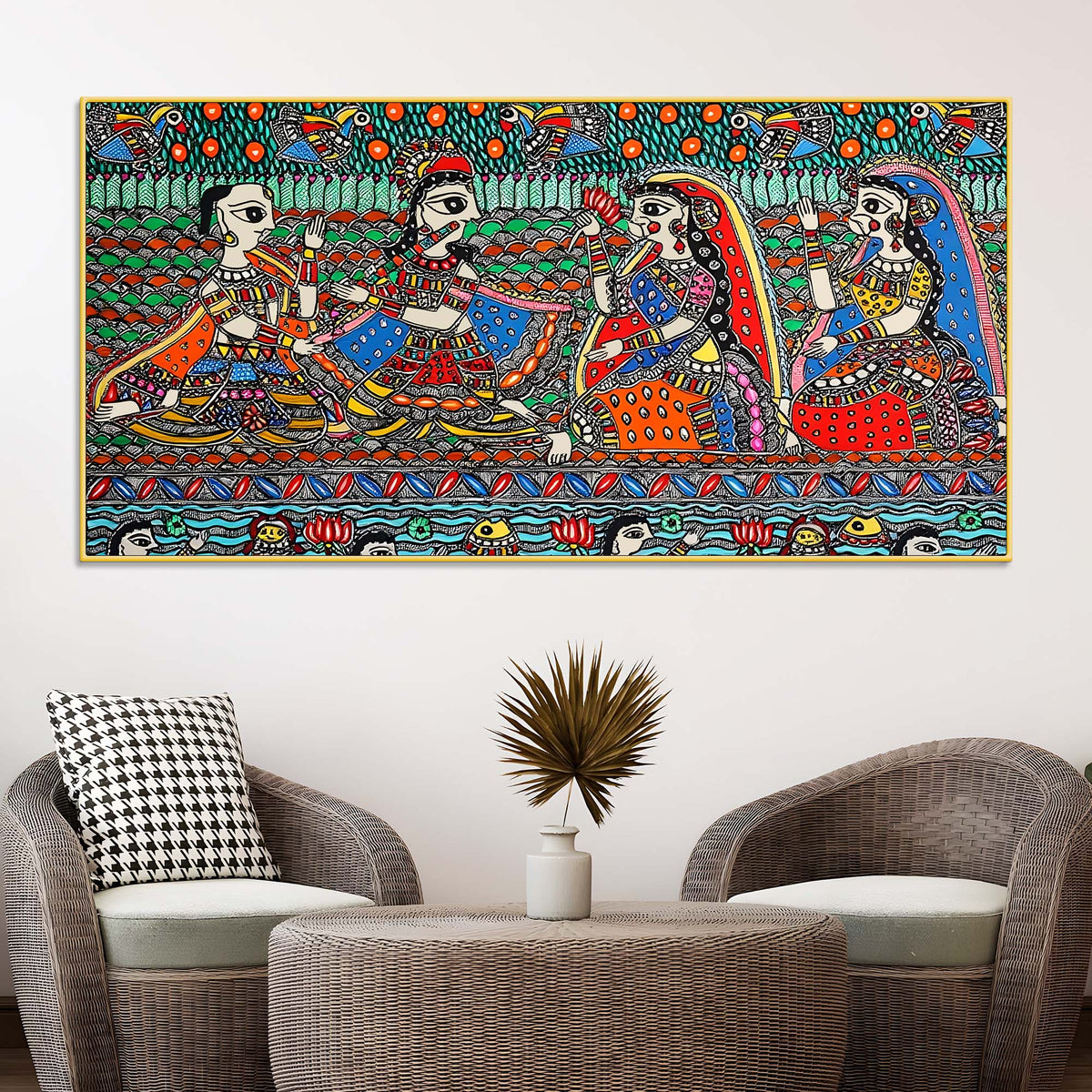 Madhubani Krishna and Gopis Canvas Wall Religious Painting