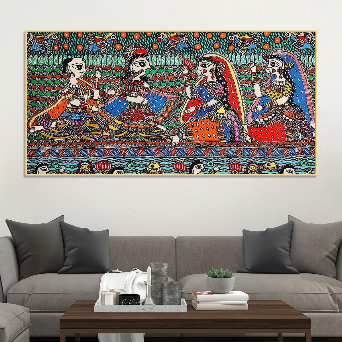 Madhubani Krishna and Gopis Canvas Wall Religious Painting