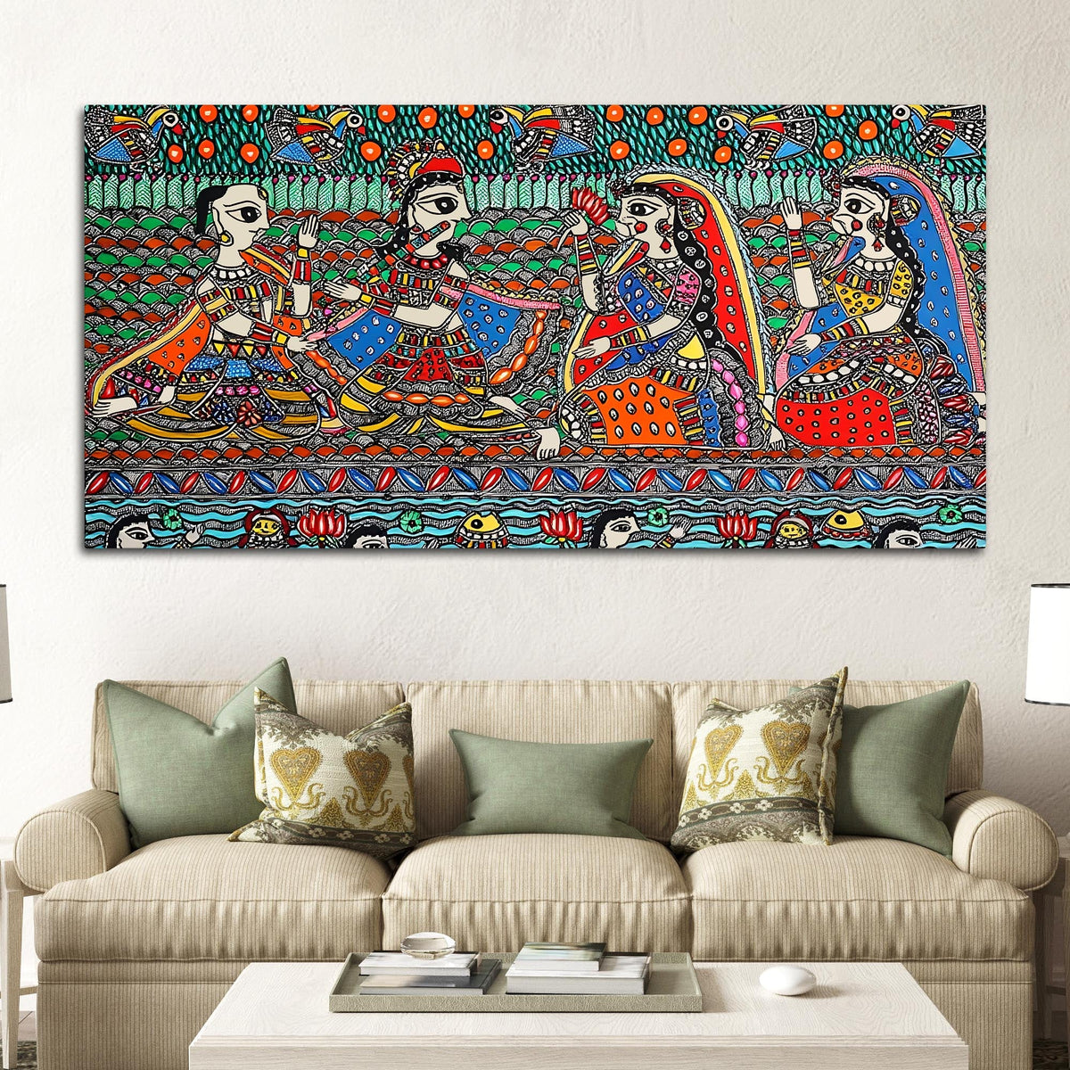 Madhubani Krishna and Gopis Canvas Wall Religious Painting