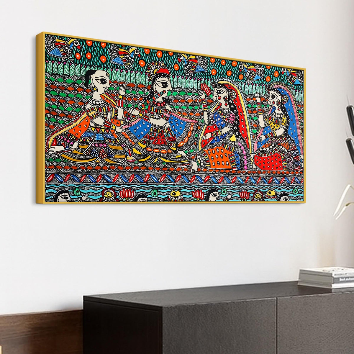 Madhubani Krishna and Gopis Canvas Wall Religious Painting