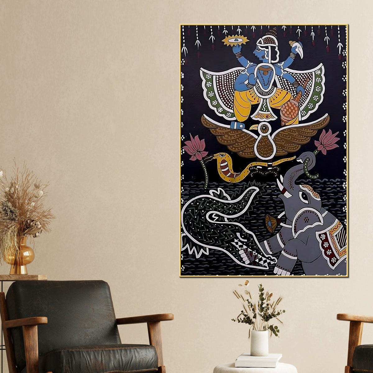 Madhubani Krishna Divine Scene Canvas Painting