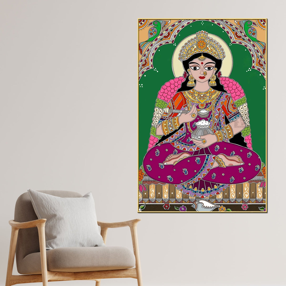 Madhubani Lakshmi Maa Canvas Painting Traditional Hindu Wall Decor
