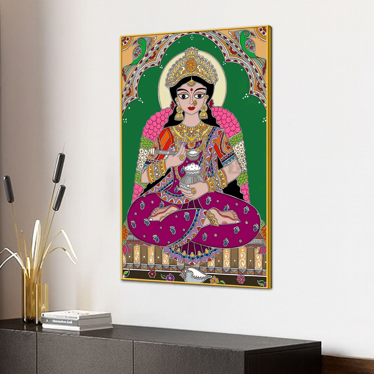 Madhubani Lakshmi Maa Canvas Painting Traditional Hindu Wall Decor