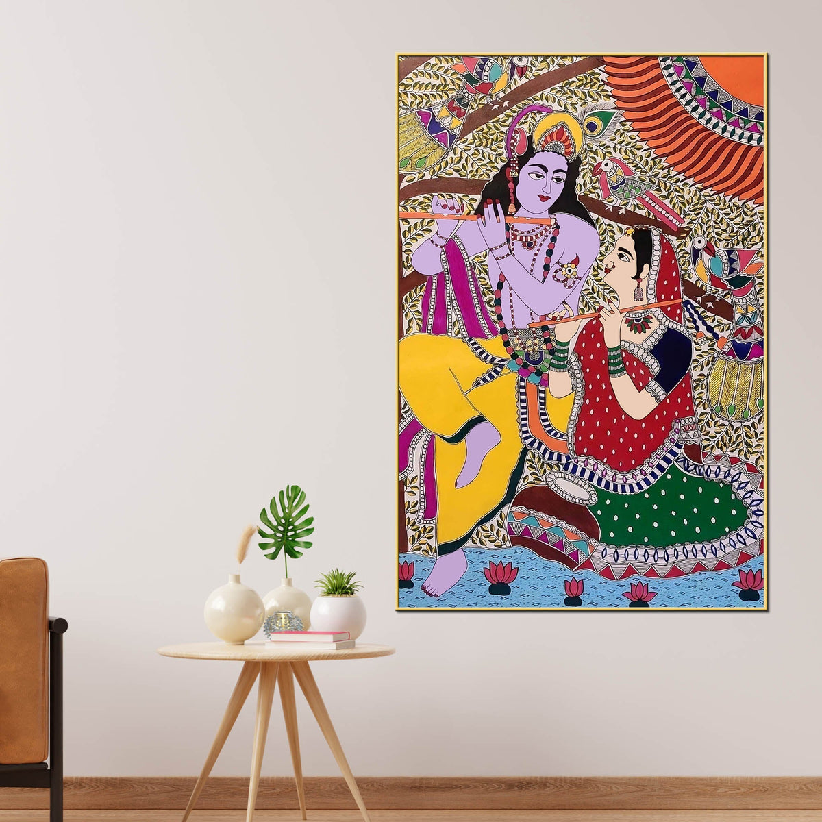 Madhubani Radha Krishna Traditional Canvas Painting for Spiritual Decor