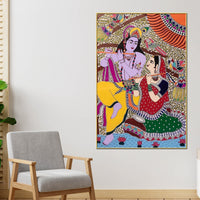 Madhubani Radha Krishna Traditional Canvas Painting for Spiritual Decor