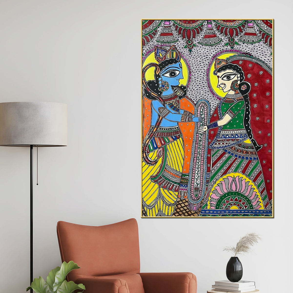 Madhubani Radha Krishna Wedding Ritual Canvas Painting