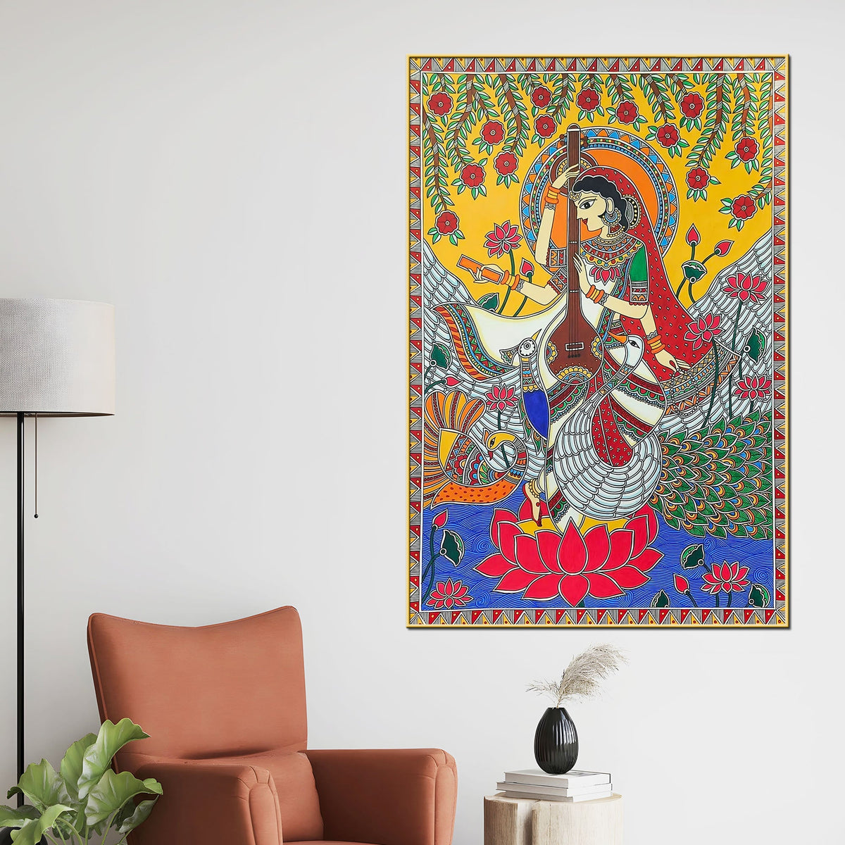 Madhubani Saraswati Mata Religious Canvas Painting