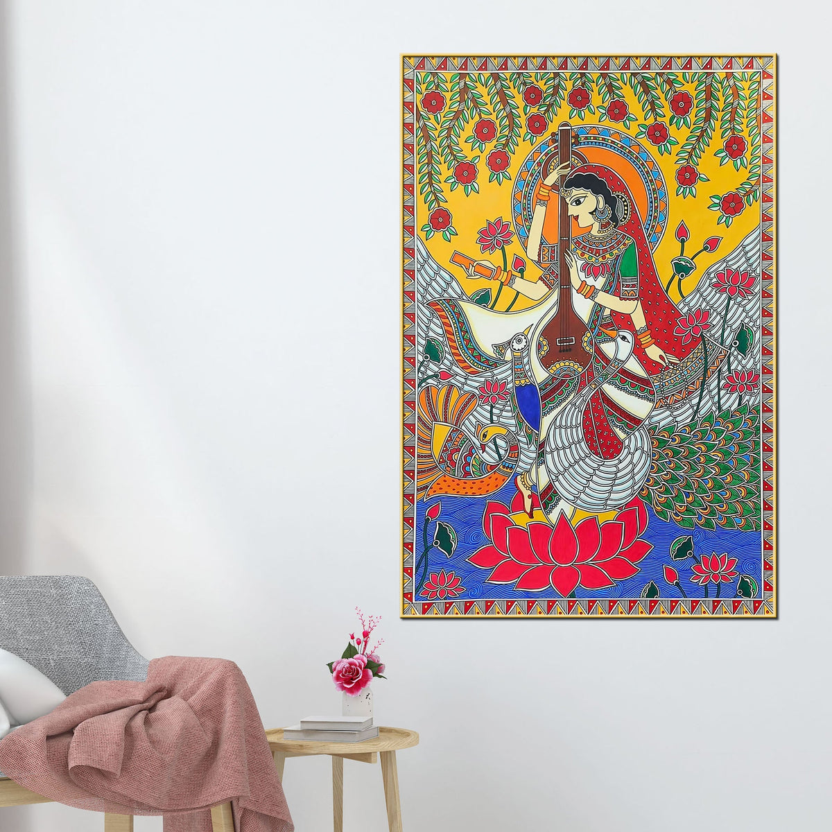 Madhubani Saraswati Mata Religious Canvas Painting