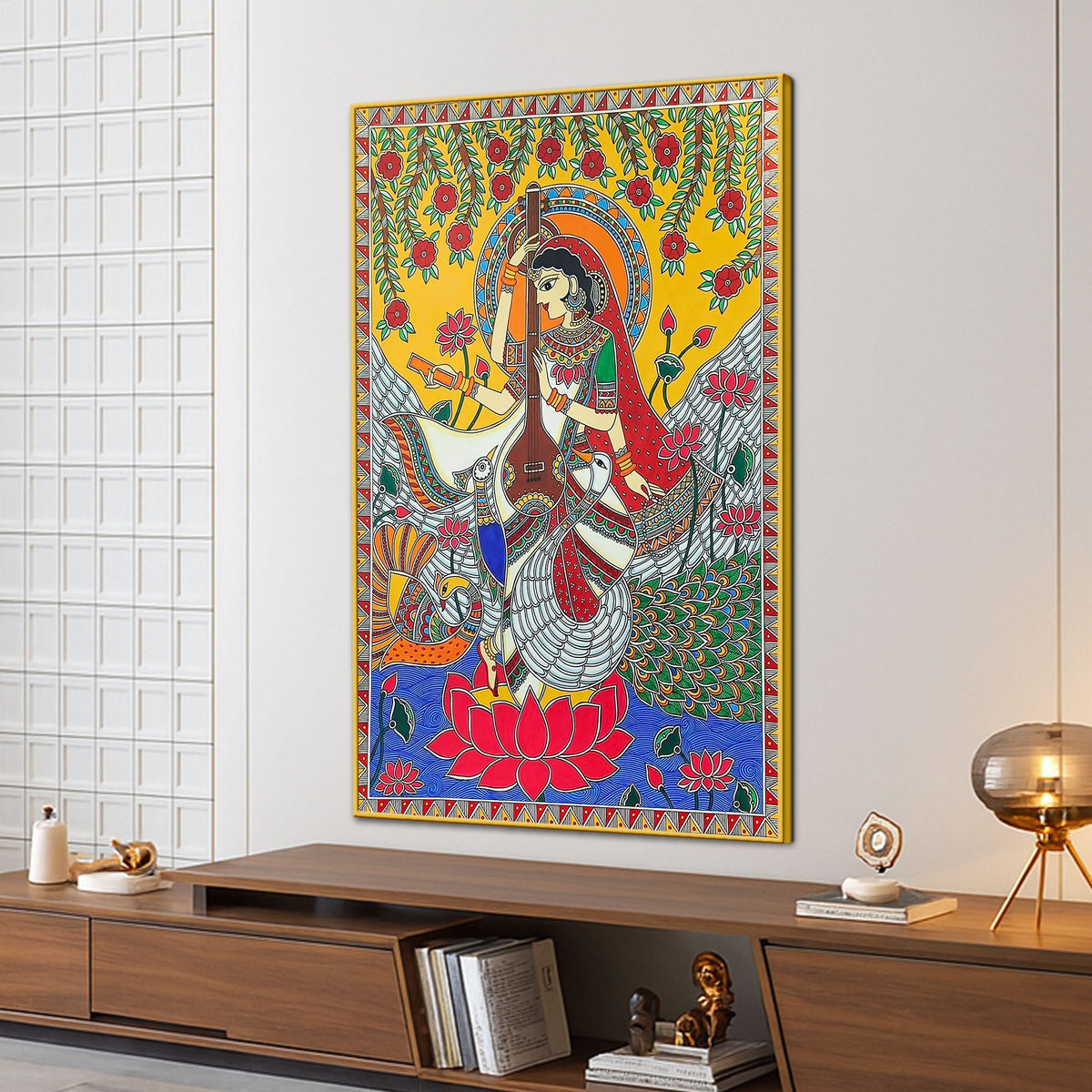 Madhubani Saraswati Mata Religious Canvas Painting