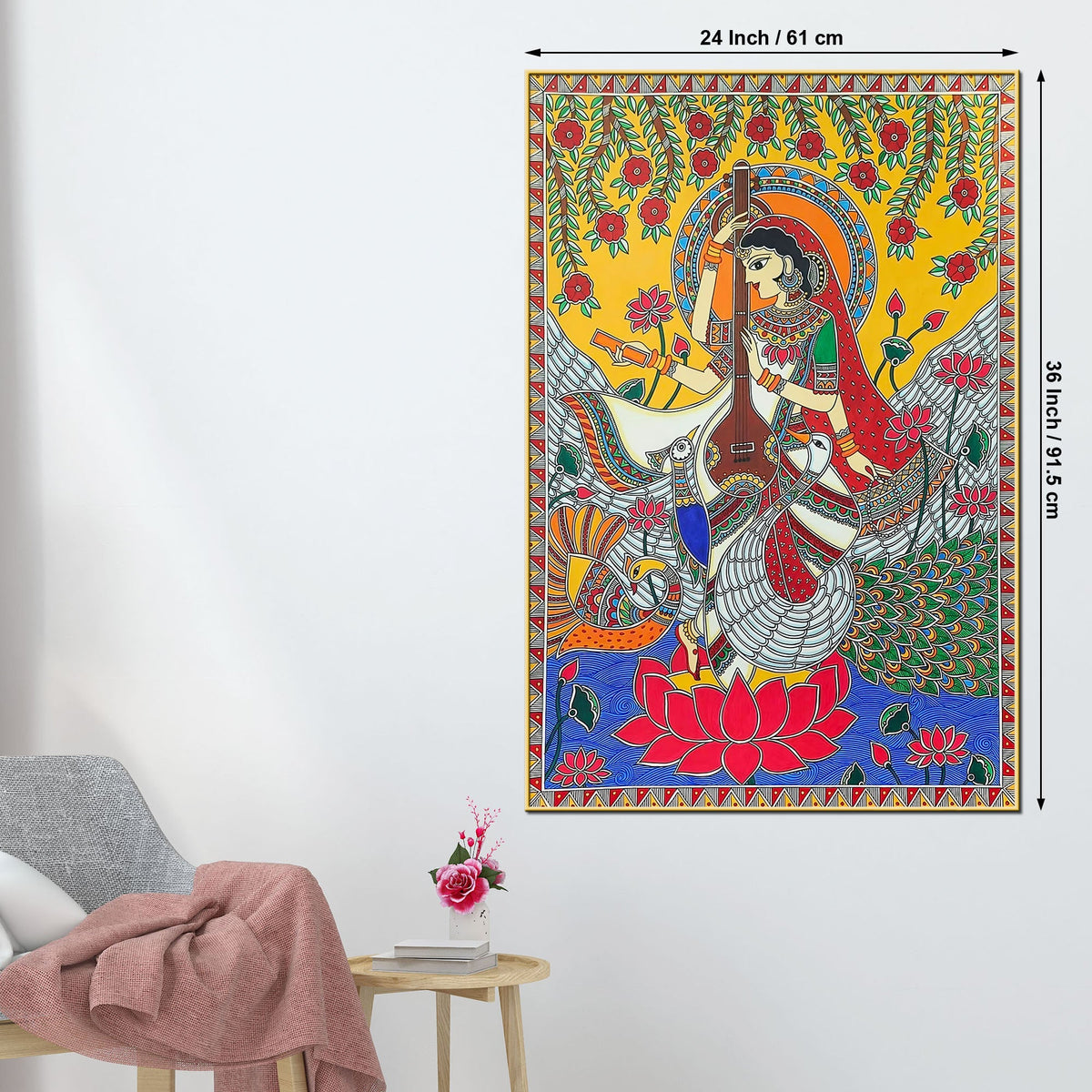 Madhubani Saraswati Mata Religious Canvas Painting