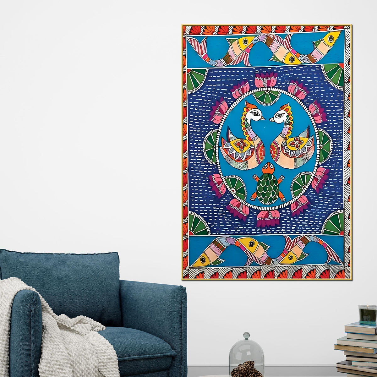 Madhubani Style Love Birds Canvas Painting | Ethnic Wall Art