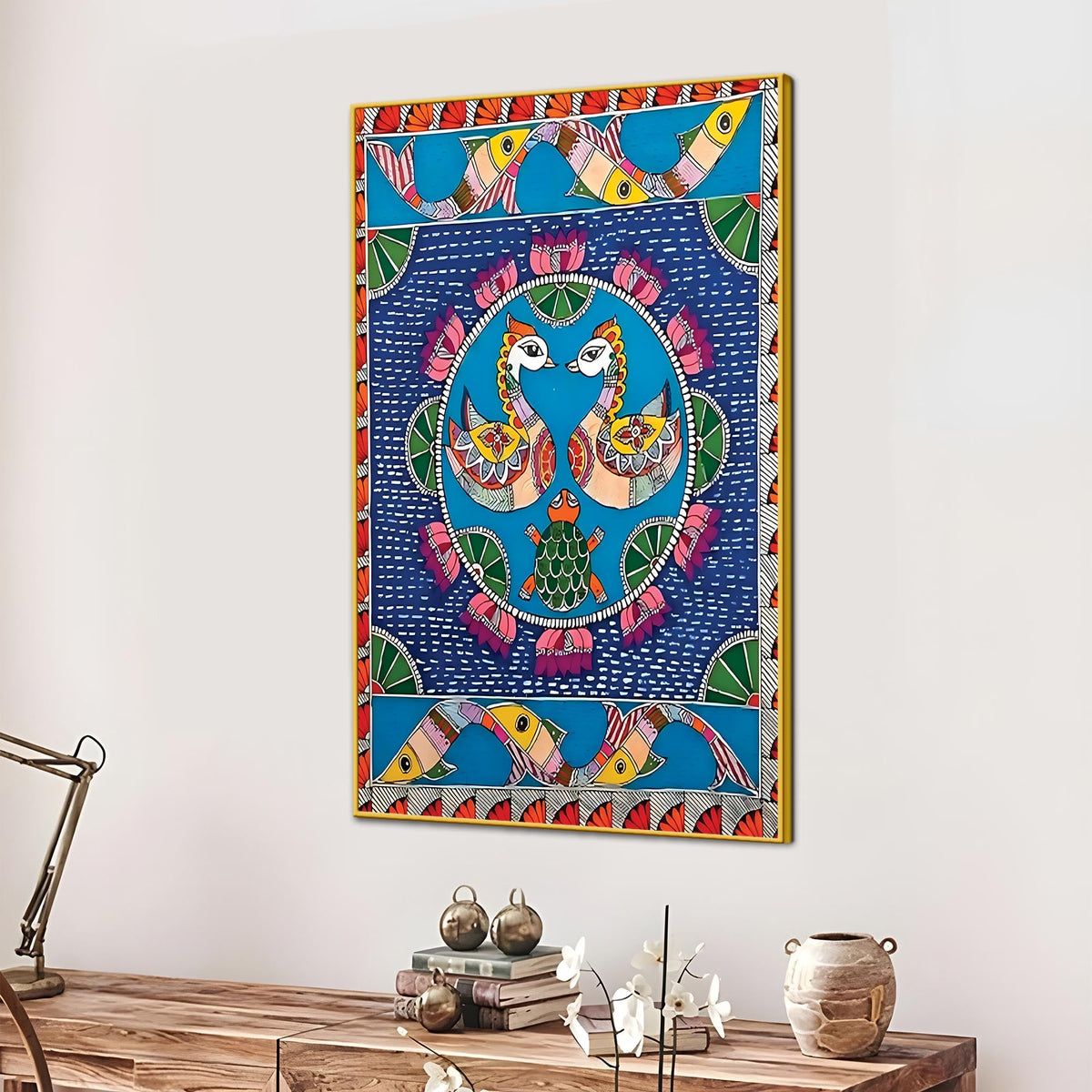 Madhubani Style Love Birds Canvas Painting | Ethnic Wall Art