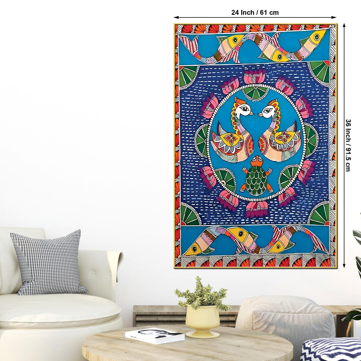 Madhubani Style Love Birds Canvas Painting | Ethnic Wall Art