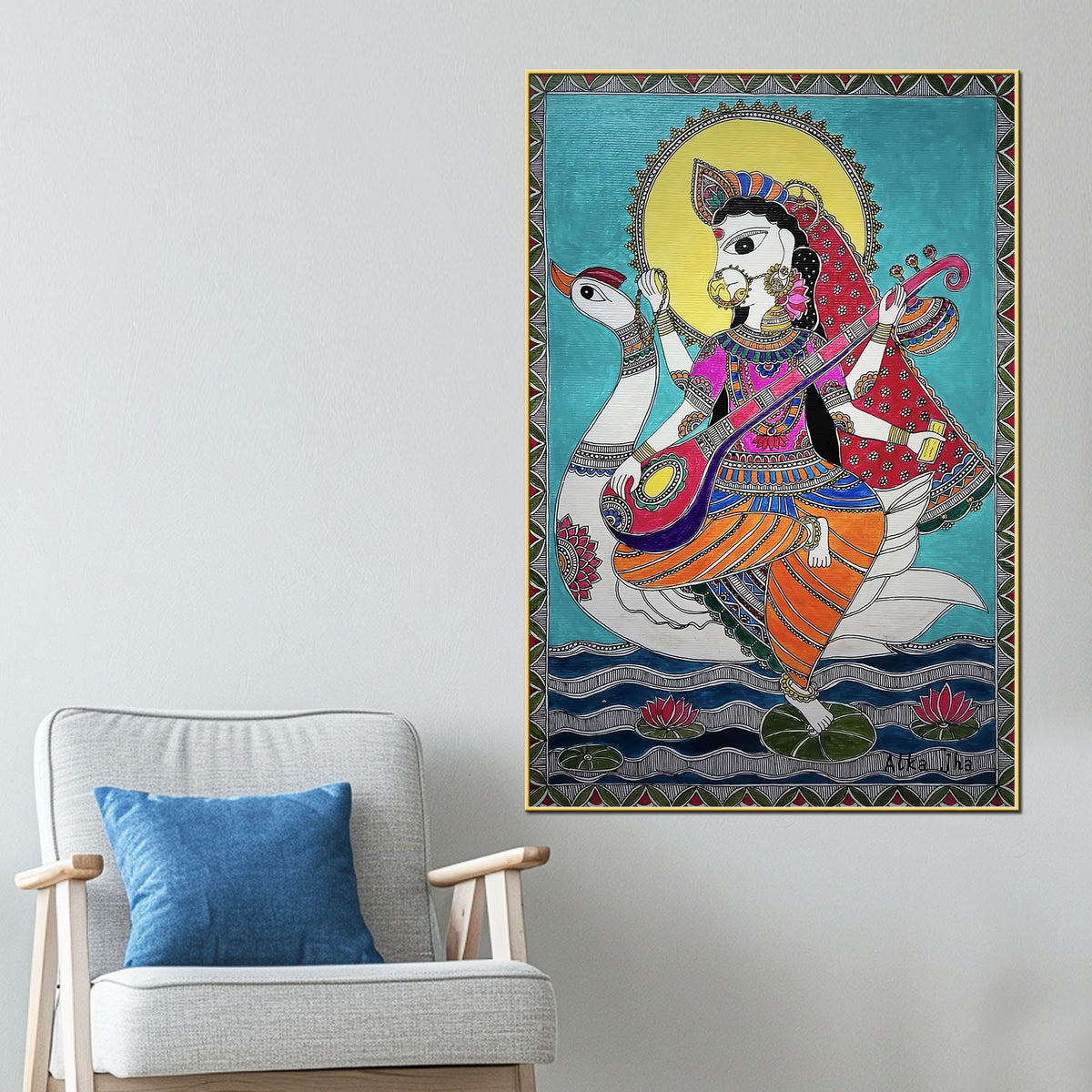 Madhubani Style Maa Saraswati Canvas Painting