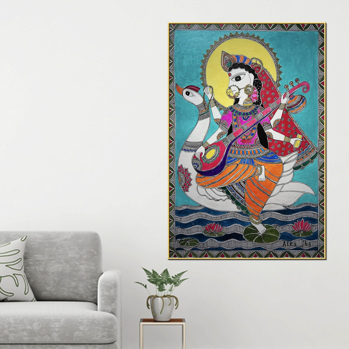 Madhubani Style Maa Saraswati Canvas Painting