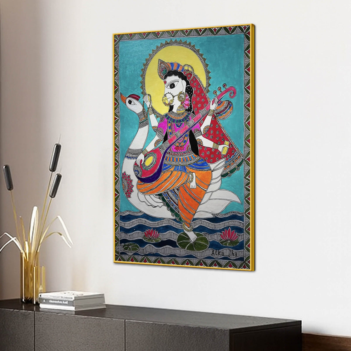 Madhubani Style Maa Saraswati Canvas Painting