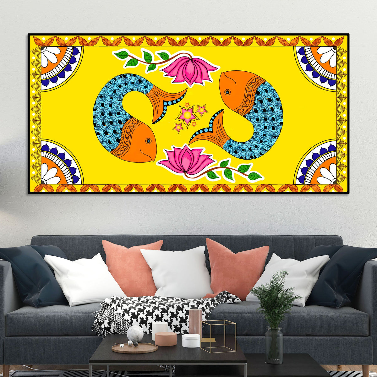 Madhubani Twin Fish Canvas Painting | Traditional Indian Decor