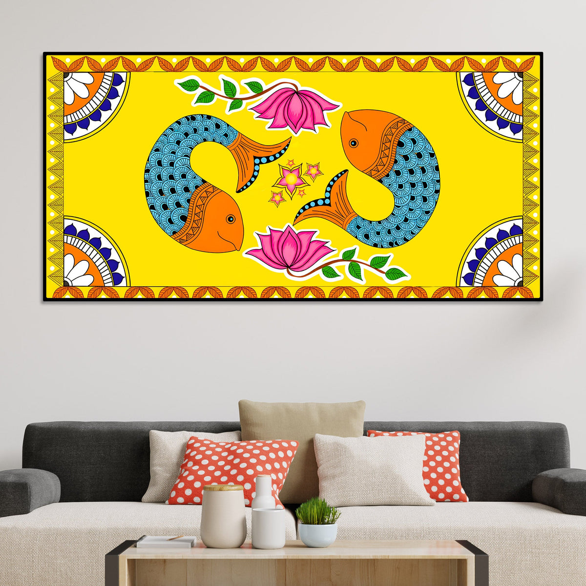 Madhubani Twin Fish Canvas Painting | Traditional Indian Decor