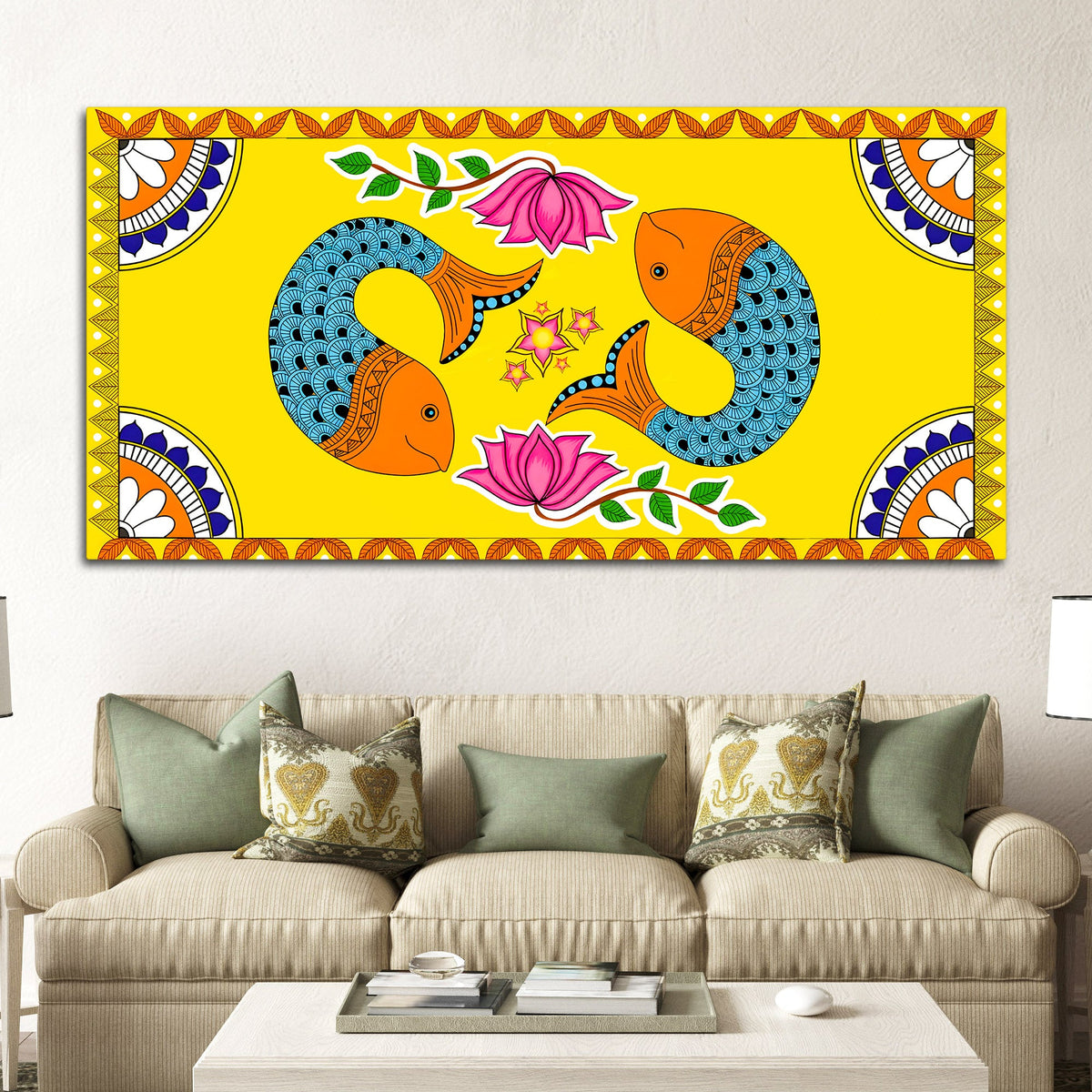 Madhubani Twin Fish Canvas Painting | Traditional Indian Decor