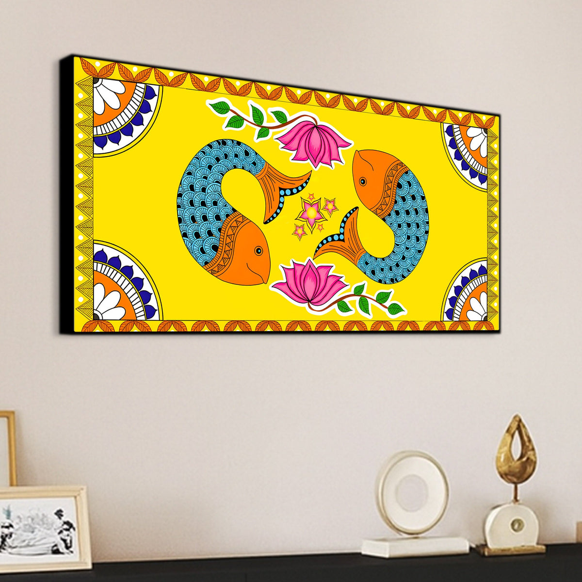 Madhubani Twin Fish Canvas Painting | Traditional Indian Decor
