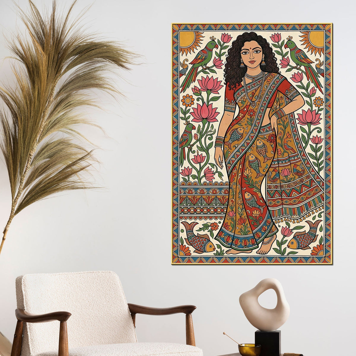 Madhubani Woman Canvas Painting for Traditional Indian Home Décor