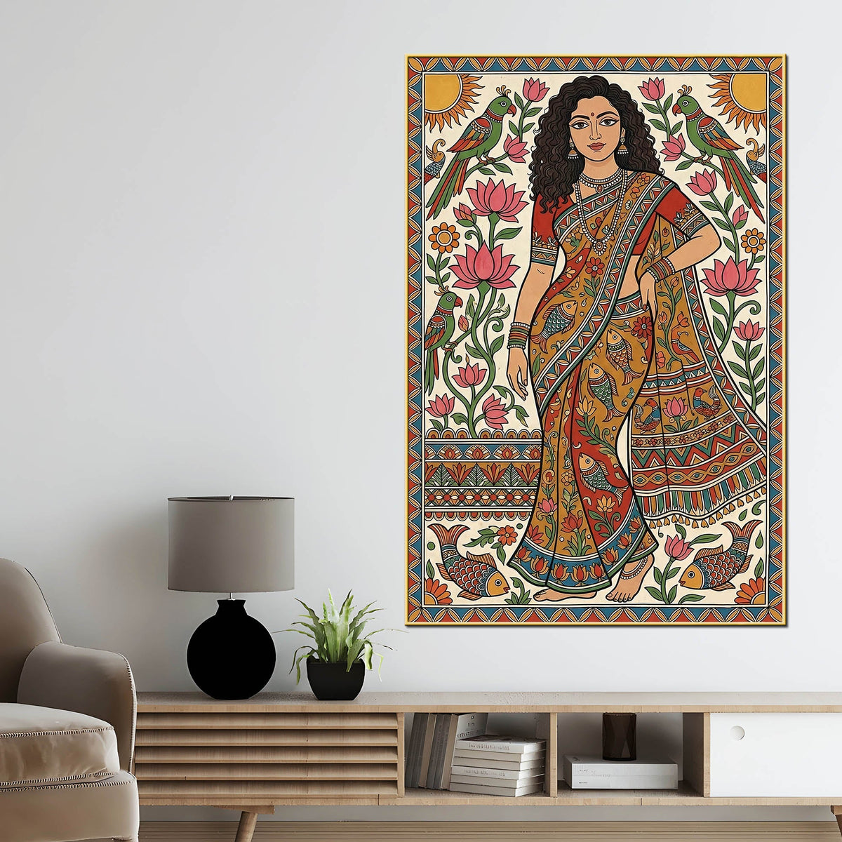 Madhubani Woman Canvas Painting for Traditional Indian Home Décor