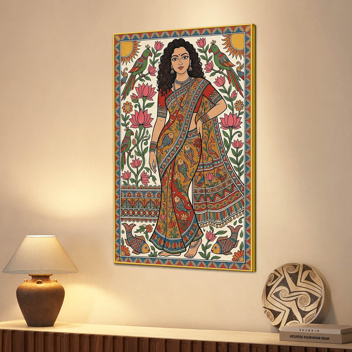 Madhubani Woman Canvas Painting for Traditional Indian Home Décor