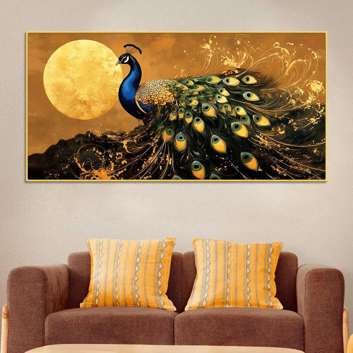 Magnificent Peacock Dances in Silence under the Golden Moon Canvas Wall Painting